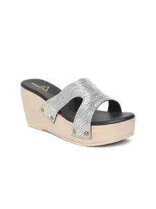 EVERLY Black & Cream-Coloured Textured Leather Wedge Heels