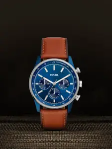 Fossil Men Blue Dial & Brown Leather Straps Analogue Watch BQ2512I
