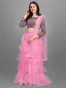 Mitera Pink Embellished Sequinned Semi-Stitched Lehenga & Unstitched Blouse With Dupatta