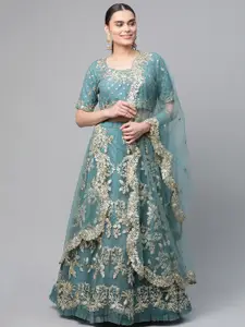 Readiprint Fashions Teal & Gold-Toned Embroidered Semi-Stitched Lehenga & Unstitched Blouse With Dupatta