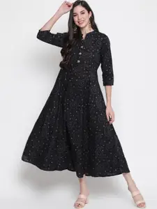 GLAM ROOTS Black Bandhani Printed Ethnic A-Line Midi Dress