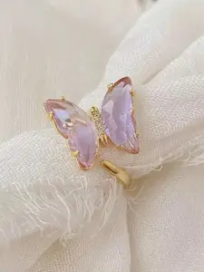 Vembley Women Gold-Plated Purple Crystal Butterfly Finger Ring