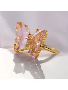 Vembley Women Pink Gold Plated Pink Crystal Butterfly Ring