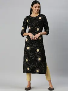 SHOWOFF Women Black & Gold-Toned Floral Printed Kurta