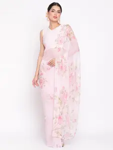 Ahalyaa Pink & Green Floral Printed Designer Saree