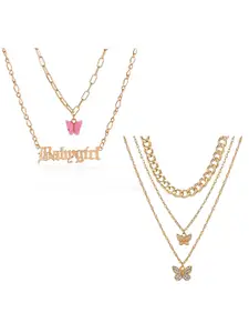 Vembley Set Of 2 Gold-Toned & Pink Gold-Plated Triple & Double Layered Necklace