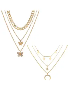 Vembley Set Of 2 Gold-Plated Layered Triple Layered Stars Moon & Butterfly Necklace