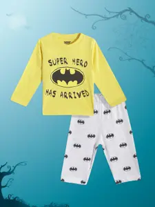 YK Infant Boys Yellow & Grey Melange Batman Print Pure Cotton T-shirt with Trousers