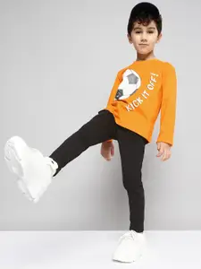YK Boys Orange & Black Printed Cotton T-shirt with Trousers