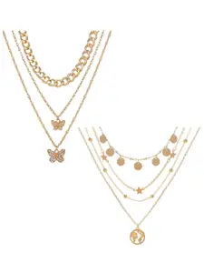Vembley Set Of 2 Gold-Plated Layered Star World & Butterfly Necklace