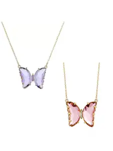 Vembley Women Pack Of 2 Gold-Toned Purple & Pink Crystal Butterfly Pendant Necklace