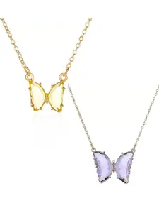 Vembley Women Pack Of 2 Gold-Toned Yellow & Purple Crystal Butterfly Pendant Necklace