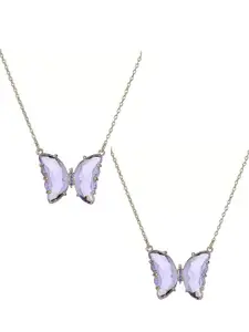 Vembley Women Pack Of 2 Gold-Toned Purple Crystal Butterfly Pendant Necklace