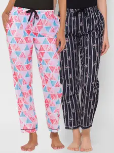 FashionRack Women Pack of 2 Pink & Black Cotton Printed Lounge Pants