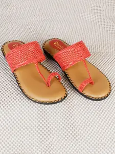 Denill Women Peach-Coloured Textured Ethnic Open Toe Flats with Laser Cuts