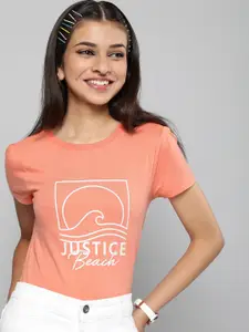 JUSTICE Girls Set of 2 Orange & Blue Typography Printed Pure Cotton T-shirts