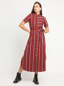 Zink London Maroon & White Striped Shirt Maxi Dress