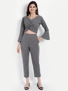 BROADSTAR Women Grey Solid Crop Top & Trousers