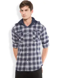 LOCOMOTIVE Men Navy & Grey Slim Fit Checked Hooded Casual Shirt