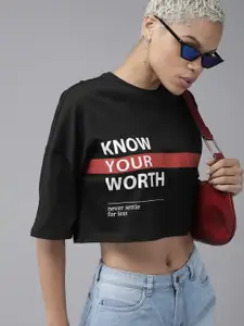 The Roadster Lifestyle Co Women Black & White Printed Extended Sleeves T-shirt