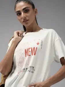 Roadster Women Off-White & Orange Printed Pure Cotton Boxy T-shirt