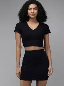 The Roadster Lifestyle Co Black Ribbed Top With Skirt