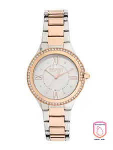 ESPRIT Women Silver-Toned Embellished Dial & Rose Gold Toned Stainless Steel Bracelet Style Straps Analogue Watch