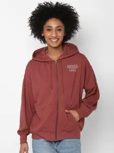 AMERICAN EAGLE OUTFITTERS Women Red Fleece Oversized Zip-Up Hooded Sweatshirt