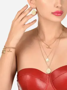 AMI Gold-Toned Gold-Plated 3-Layered Necklace With Earrings & Bracelet