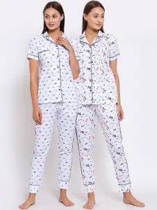 KLOTTHE Women Pack of 2 White & Blue Printed Pure Cotton Night Suit