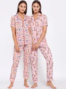 KLOTTHE Women Set Of 2 Pink Printed Pure Cotton Night Suit
