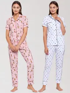 KLOTTHE Women Pack of 2 White & Pink Printed Pure Cotton Night Suit