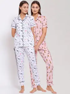 KLOTTHE Women Set of 2 Pink & White Pure Cotton Printed Night suit