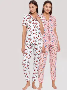 KLOTTHE Set Of 2 Women White & Pink Printed Pure Cotton Night suit