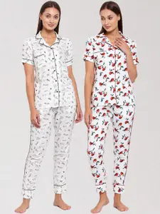 KLOTTHE Women Pack Of 2 White & Red Printed Pure Cotton Night suit