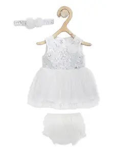 Allen Solly Junior Girls White Embellished Round Neck Fit & Flare Dress