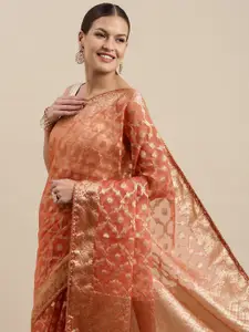 Geroo Jaipur Peach-Coloured & Golden Floral Zari Organza Banarasi Saree