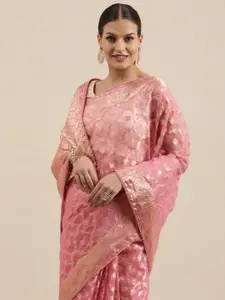 Geroo Jaipur Pink & Golden Floral Zari Organza Banarasi Saree