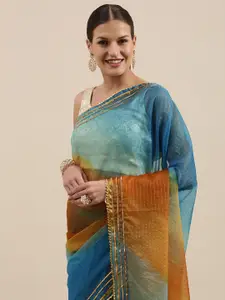 Geroo Jaipur Blue & Mustard Yellow Dyed Gotta Patti Organza Saree