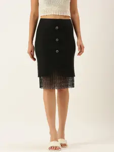 SHECZZAR Women Black Solid Net Detail Midi A-Line Skirt