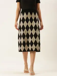 SHECZZAR Women Black & Beige Argyle Patterned Midi Straight Skirt