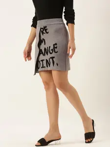 SHECZZAR Grey Melange & Black Typography Printed A-Line Skirt