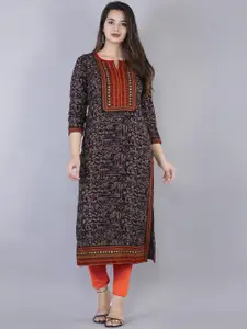 KALINI Women Brown Geometric Printed Flared Sleeves Thread Work Kurta