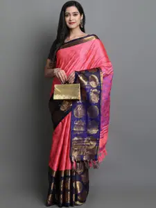 KALINI Pink & Blue Woven Design Zari Silk Cotton Saree