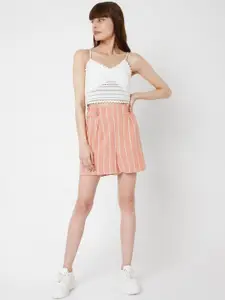 Vero Moda Women Orange Striped High-Rise Cotton Shorts