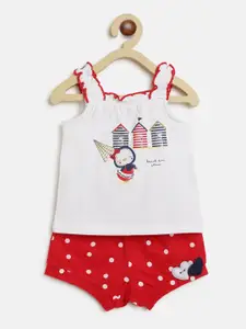 Chicco Girls White & Red Printed Pure Cotton Top with Shorts