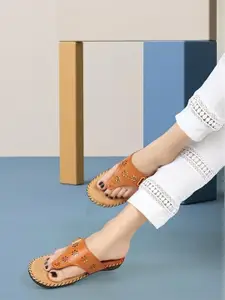 Denill Women Tan Brown Embellished Open Toe Flats