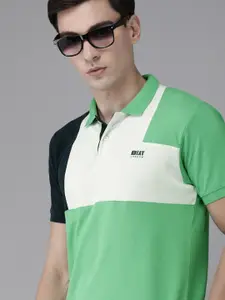BEAT LONDON by PEPE JEANS Men Green & White Colourblocked Polo Collar Pure Cotton T-shirt