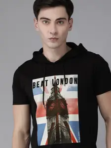 BEAT LONDON by PEPE JEANS Men Black Printed Casual Hooded T-shirt