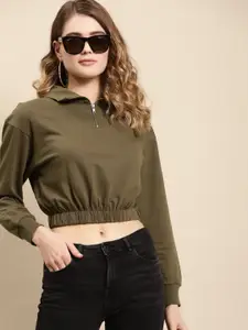 COVER STORY Women Olive Green Cotton Cropped Mock Collar T-shirt